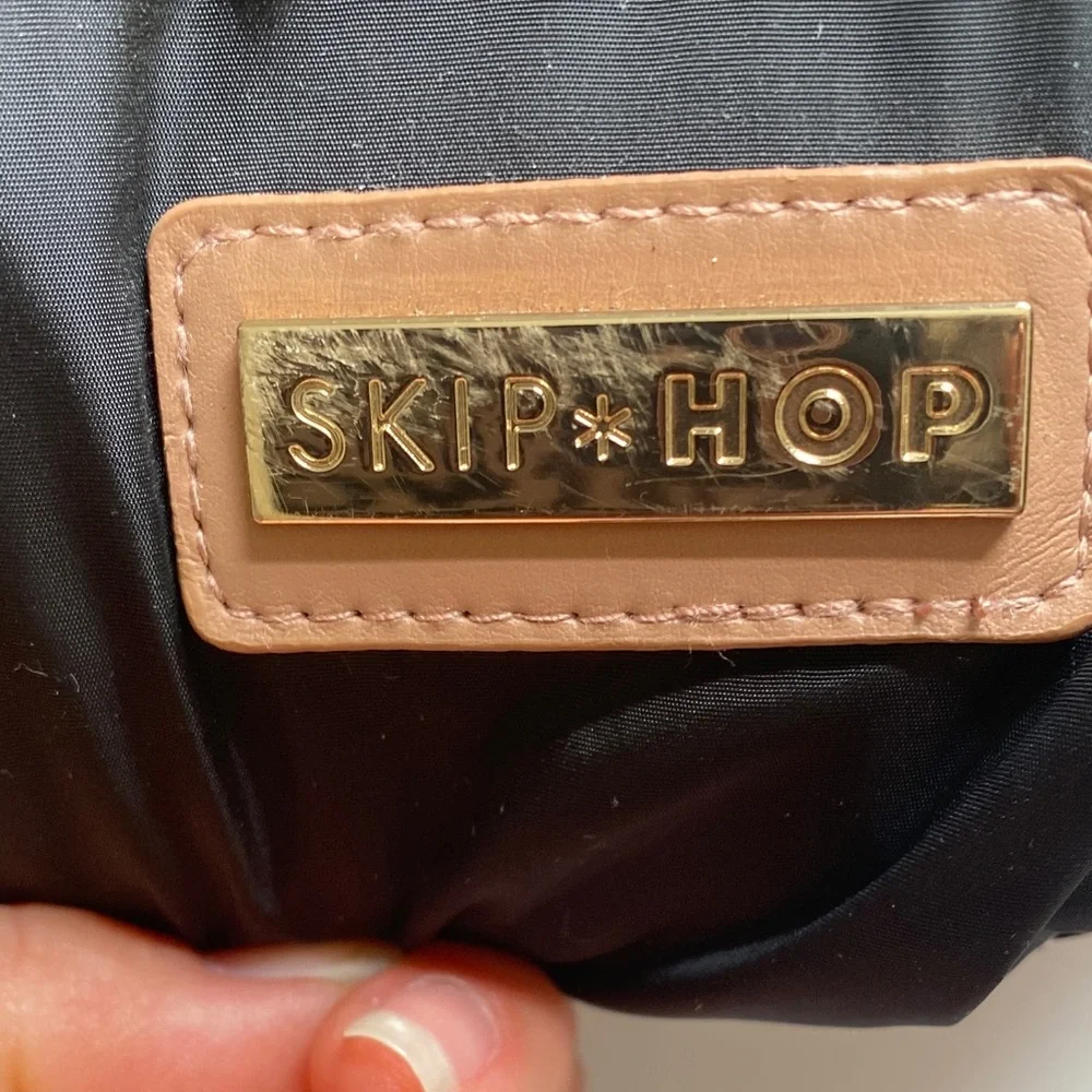 Skip Hop Black Quilted Multifunctional Backpack with Tan and gold accents